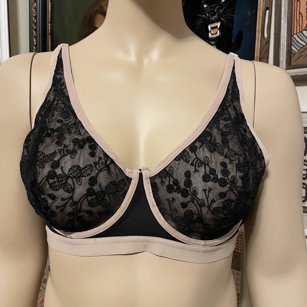 Elegant Black and Tan Sheer Stretch Lace Unlined Underwire Bra Size 3XL
